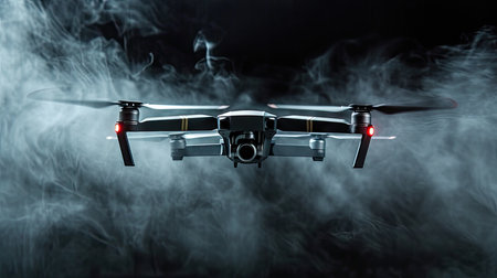 Drone with digital camera flying in dark smokeの素材