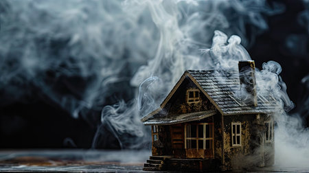 Model of a wooden house with smoke on a black backgroundの素材