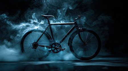 Bicycle in the smoke on a dark backgroundの素材