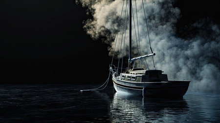 Sailing boat on the water with smoke and fog in the darkの素材