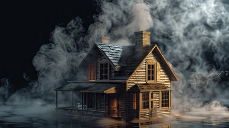 Wooden house in the water with smoke and fogの素材