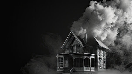 Haunted house with smoke on a black backgroundの素材