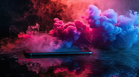 Smartphone with cloud of colorful vape smoke on black background. Electronic cigarette conceptの素材