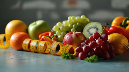 Fruits and vegetables with measuring tape on table in kitchen, closeupの素材