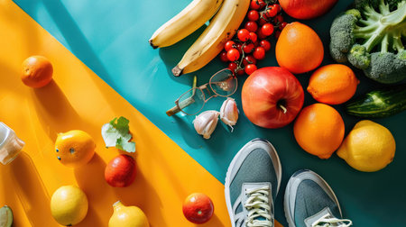 Top view of sneakers, fruits and vegetables on blue and yellow backgroundの素材