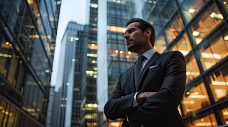 Confident young businessman looking away while standing with arms crossed in cityの素材