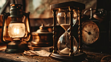 Vintage hourglass and old clock on wooden table. Time conceptの素材