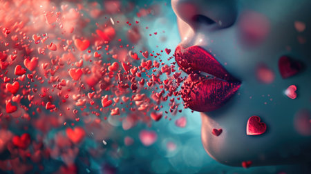 Closeup portrait of beautiful woman with red lips and heart shaped confettiの素材