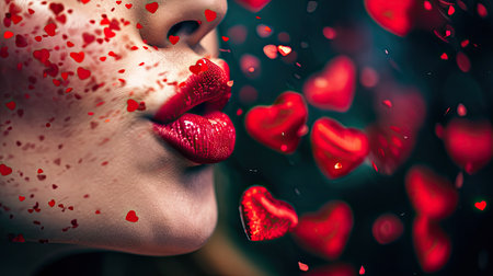 Close-up portrait of a beautiful woman with red lips and heart confettiの素材