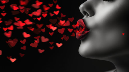 Beautiful female lips with red lipstick and hearts on a black backgroundの素材
