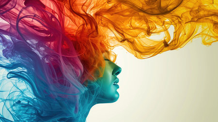 Portrait of a beautiful woman with colorful hair in the windの素材
