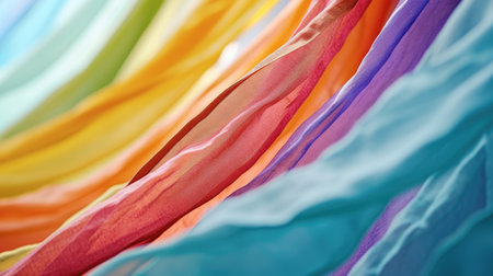 Colorful cloth hanging on a clothesline in a shop windowの素材