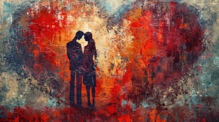 Silhouette of a loving couple kissing on a grunge backgroundの素材