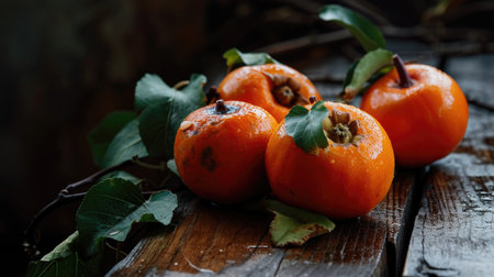 Ripe persimmons with leaves on a wooden table, selective focusの素材