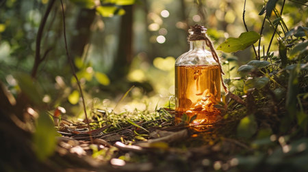 Bottle of oil in the forest. Selective focus. natureの素材