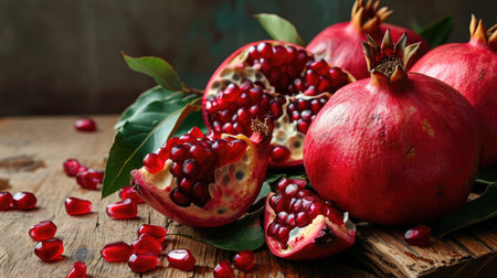 Ripe pomegranates with leaves on wooden table, closeupの素材