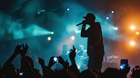A hip-hop group performs on stage in front of an audienceの素材
