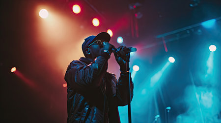 Hip-hop artist performs on the night stageの素材