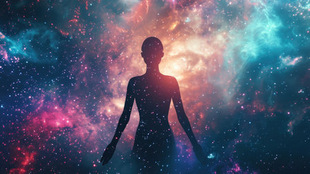 Woman silhouette in space with stars and nebulaの素材