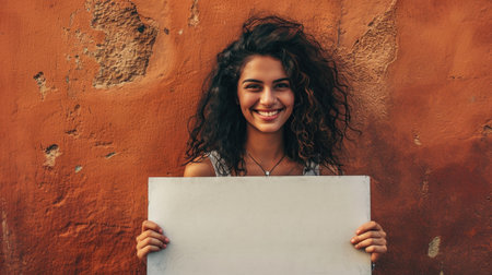 Portrait of a beautiful young woman with long curly hair holding a blank sheet of paperの素材