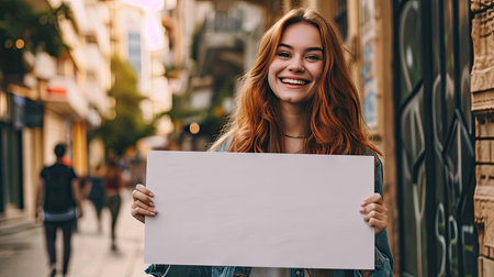Cheerful young woman holding blank white board in the cityの素材