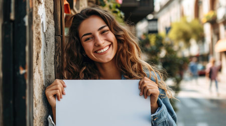 Portrait of a smiling young woman holding blank paper sheet while standing outdoorsの素材
