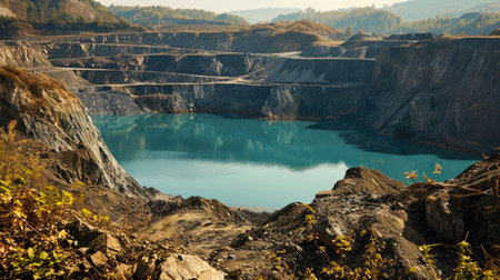 Abandoned quarry with blue turquoise water in sunny dayの素材