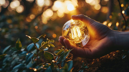 Hand holding a crystal ball on nature background. Environment conservation conceptの素材