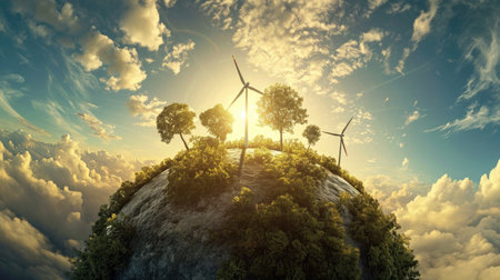Ecology concept. Green planet with wind turbines and treesの素材