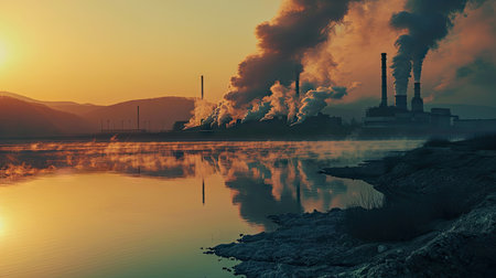 Industrial landscape with chimneys of thermal power plant at sunsetの素材