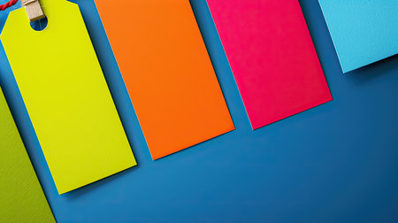 Colorful paper tags on blue background with copy space for textの素材