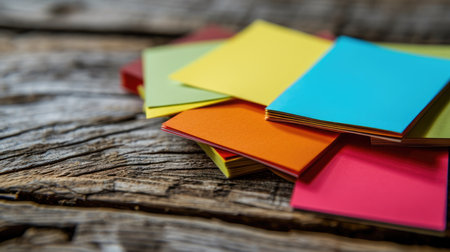 Colorful sticky notes on a wooden backgroundの素材