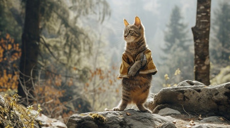 A cat in a yellow jacket stands on a rock in the forestの素材