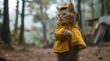 Cute tabby cat in raincoat and hat walking in the forestの素材