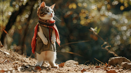Cute cat wearing scarf and coat walking in the autumn parkの素材