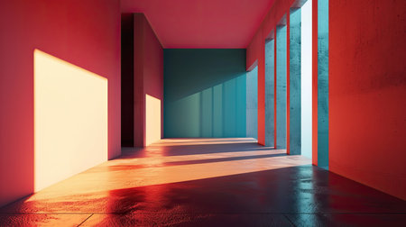 Empty room with red and blue walls and floorの素材