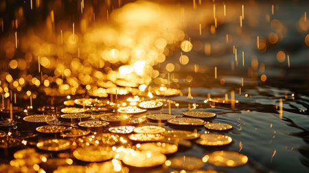 Golden coins falling in the rain with bokeh backgroundの素材