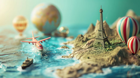 Miniature model of Eiffel Tower on the world map. Travel conceptの素材