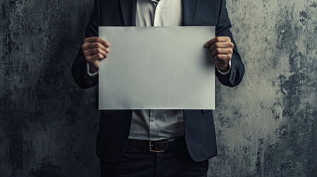 Businessman holding a blank sheet of paper in front of his faceの素材