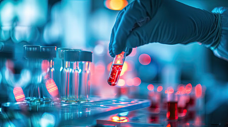 Science laboratory research and development concept. Scientist hand holding test tube with blood sample for pharmaceutical research and developmentの素材