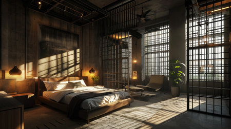 Modern interior design of a prison bedroom in loft styleの素材