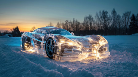 Car covered in ice in the winter forestの素材
