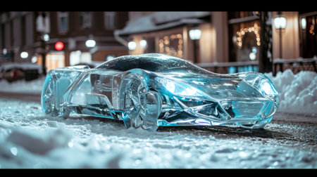 Sports car made of ice on a night streetの素材