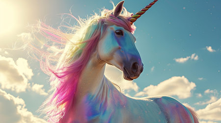 Unicorn with rainbow mane against blue sky with cloudsの素材