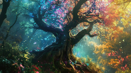 Beautiful magic fantasy landscape with old tree and colorful lightsの素材
