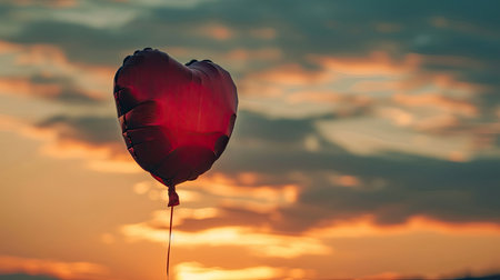Red heart-shaped balloon on the background of the sunset skyの素材
