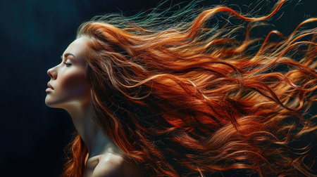 Beautiful red-haired girl with long hair on a black backgroundの素材
