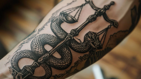 Tattoo detail of a woman's hand with a tattoo machineの素材