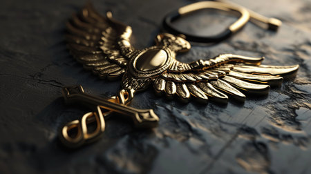 Gold bird decoration with wings on black textured background, close-upの素材