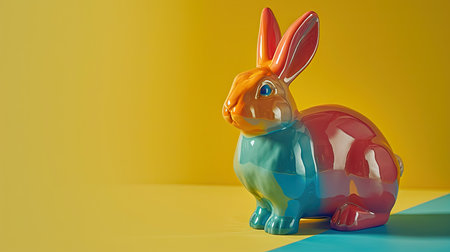 Easter bunny toy on yellow and blue background with copy spaceの素材